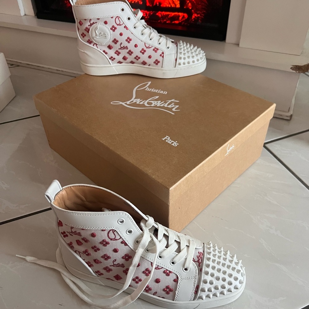 Christian Louboutin White and Red High-Top Sneakers
